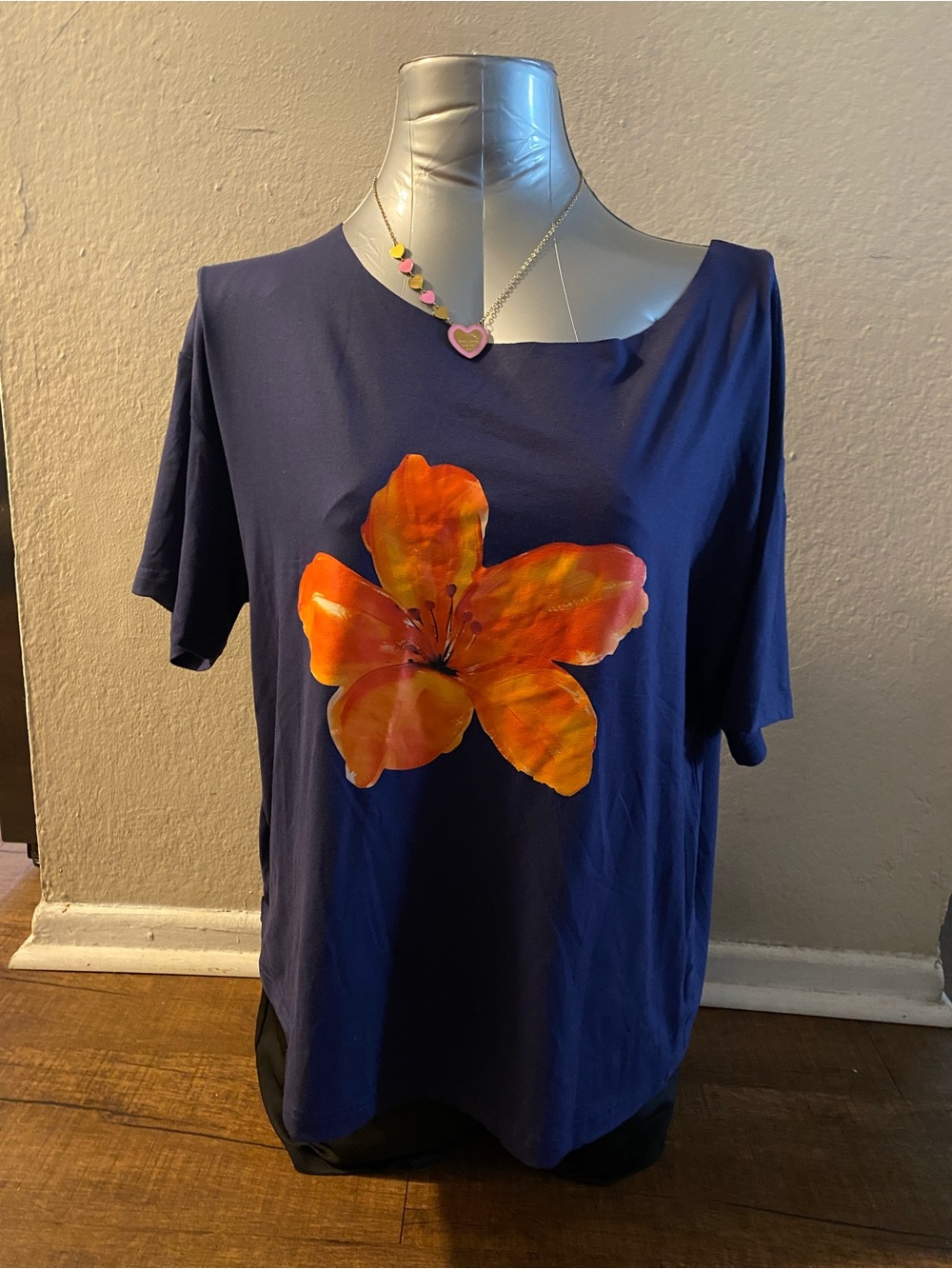 Navy Short Sleeve Tee with Orange Floral Print